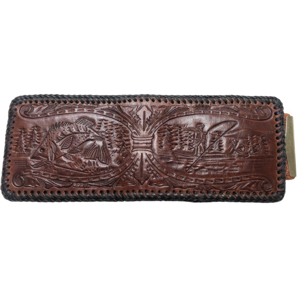 Vintage Hand Tooled Leather Fisherman Bass Wallet Whipstitch Bifold BrownWestern